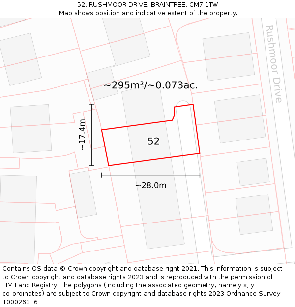 52, RUSHMOOR DRIVE, BRAINTREE, CM7 1TW: Plot and title map
