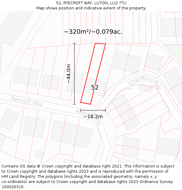 52, RYECROFT WAY, LUTON, LU2 7TU: Plot and title map
