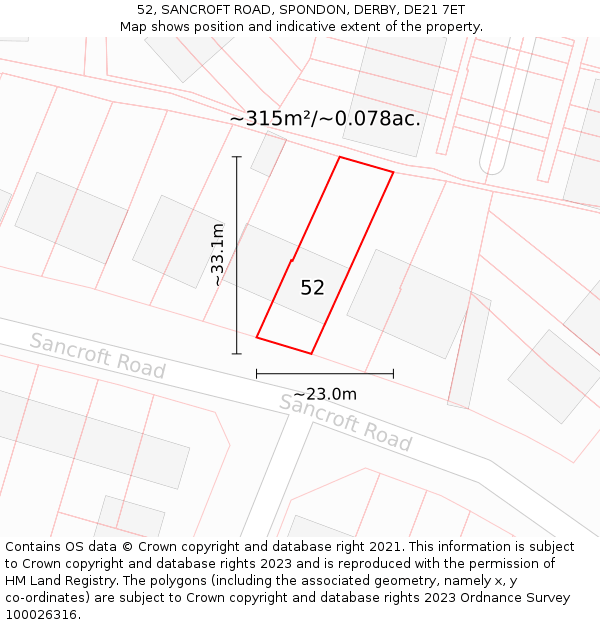 52, SANCROFT ROAD, SPONDON, DERBY, DE21 7ET: Plot and title map