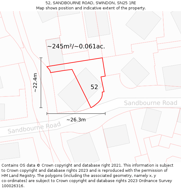 52, SANDBOURNE ROAD, SWINDON, SN25 1RE: Plot and title map