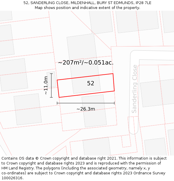 52, SANDERLING CLOSE, MILDENHALL, BURY ST EDMUNDS, IP28 7LE: Plot and title map