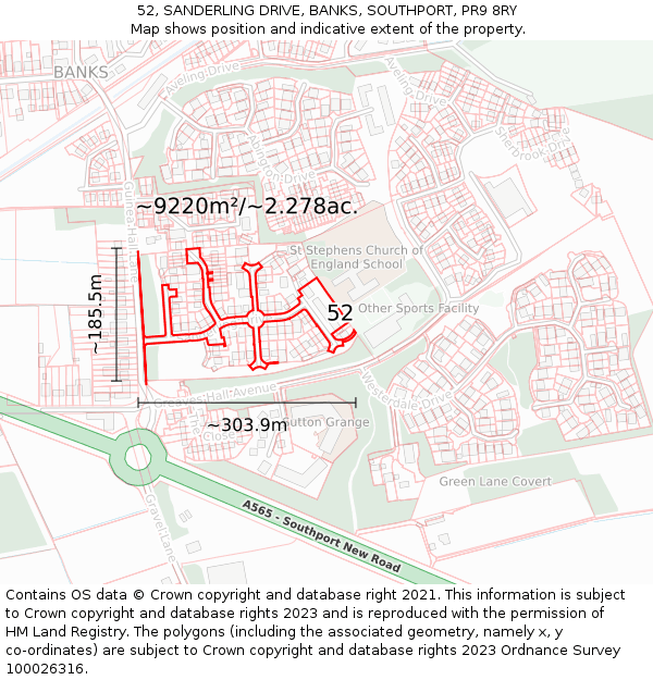 52, SANDERLING DRIVE, BANKS, SOUTHPORT, PR9 8RY: Plot and title map