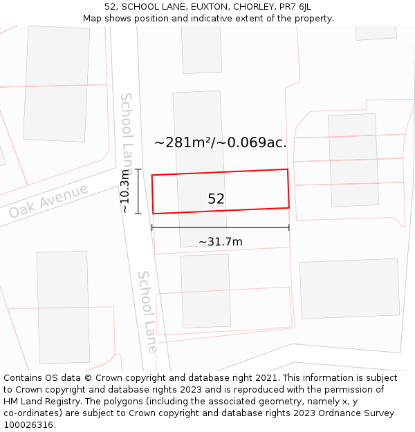 52, SCHOOL LANE, EUXTON, CHORLEY, PR7 6JL: Plot and title map