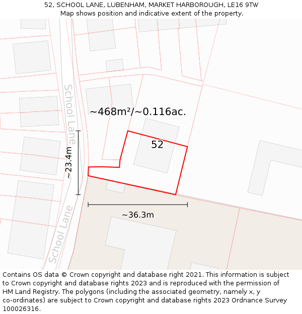 52, SCHOOL LANE, LUBENHAM, MARKET HARBOROUGH, LE16 9TW: Plot and title map