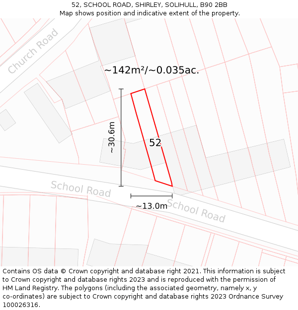 52, SCHOOL ROAD, SHIRLEY, SOLIHULL, B90 2BB: Plot and title map