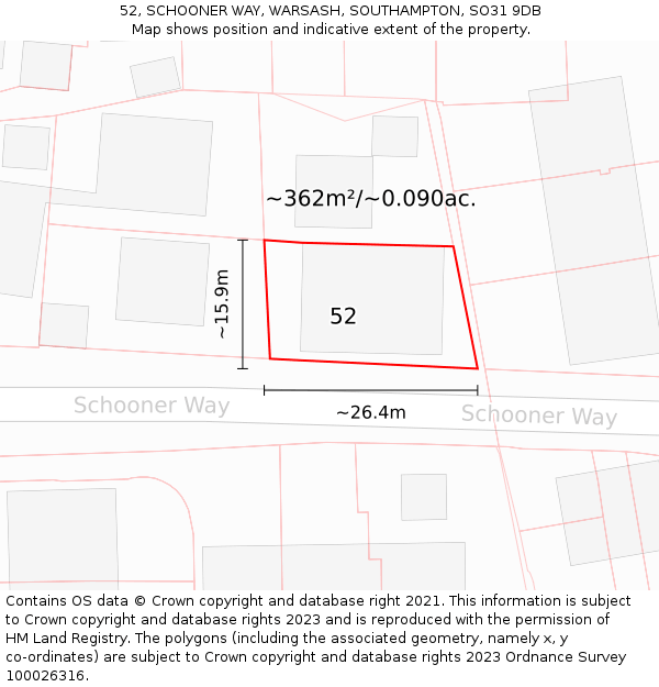 52, SCHOONER WAY, WARSASH, SOUTHAMPTON, SO31 9DB: Plot and title map