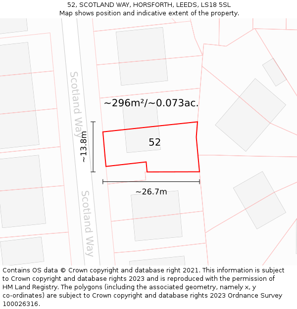 52, SCOTLAND WAY, HORSFORTH, LEEDS, LS18 5SL: Plot and title map