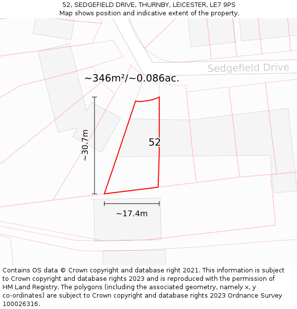 52, SEDGEFIELD DRIVE, THURNBY, LEICESTER, LE7 9PS: Plot and title map