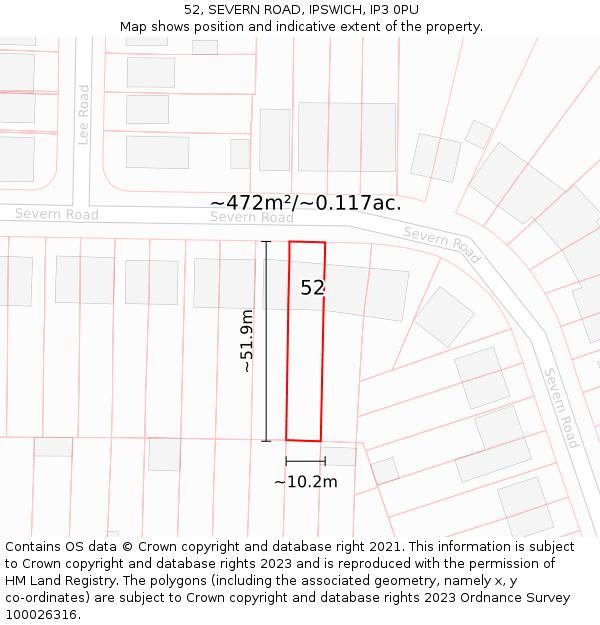 52, SEVERN ROAD, IPSWICH, IP3 0PU: Plot and title map