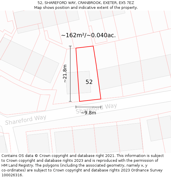 52, SHAREFORD WAY, CRANBROOK, EXETER, EX5 7EZ: Plot and title map