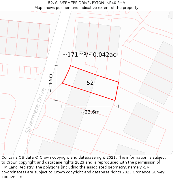52, SILVERMERE DRIVE, RYTON, NE40 3HA: Plot and title map