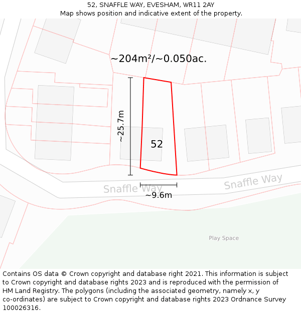 52, SNAFFLE WAY, EVESHAM, WR11 2AY: Plot and title map