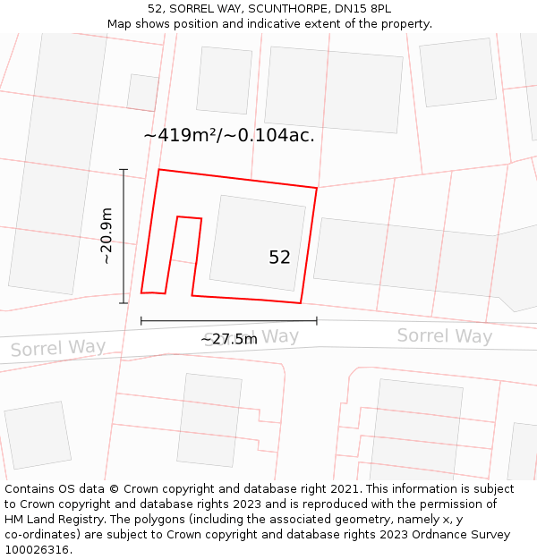 52, SORREL WAY, SCUNTHORPE, DN15 8PL: Plot and title map