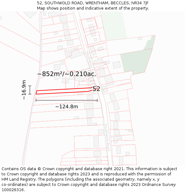52, SOUTHWOLD ROAD, WRENTHAM, BECCLES, NR34 7JF: Plot and title map