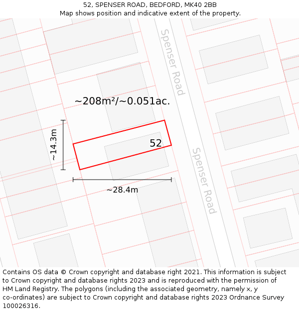 52, SPENSER ROAD, BEDFORD, MK40 2BB: Plot and title map