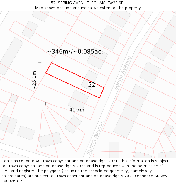 52, SPRING AVENUE, EGHAM, TW20 9PL: Plot and title map