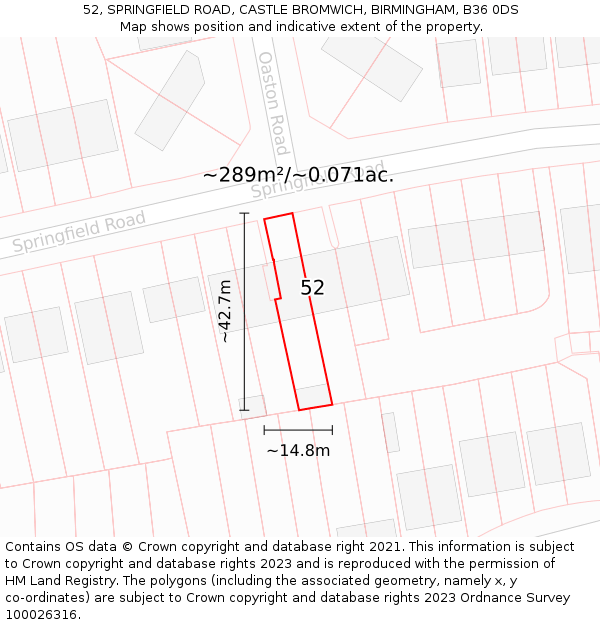 52, SPRINGFIELD ROAD, CASTLE BROMWICH, BIRMINGHAM, B36 0DS: Plot and title map