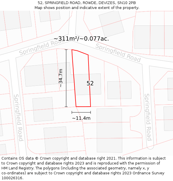 52, SPRINGFIELD ROAD, ROWDE, DEVIZES, SN10 2PB: Plot and title map