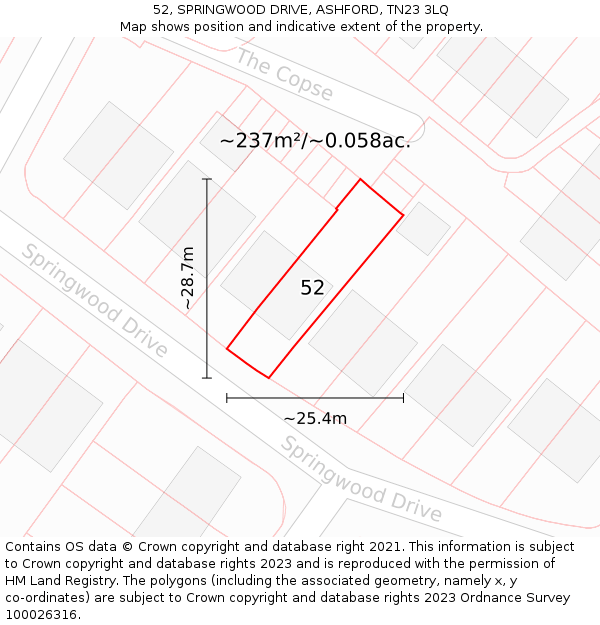 52, SPRINGWOOD DRIVE, ASHFORD, TN23 3LQ: Plot and title map