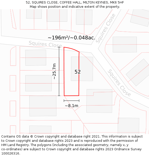 52, SQUIRES CLOSE, COFFEE HALL, MILTON KEYNES, MK6 5HF: Plot and title map