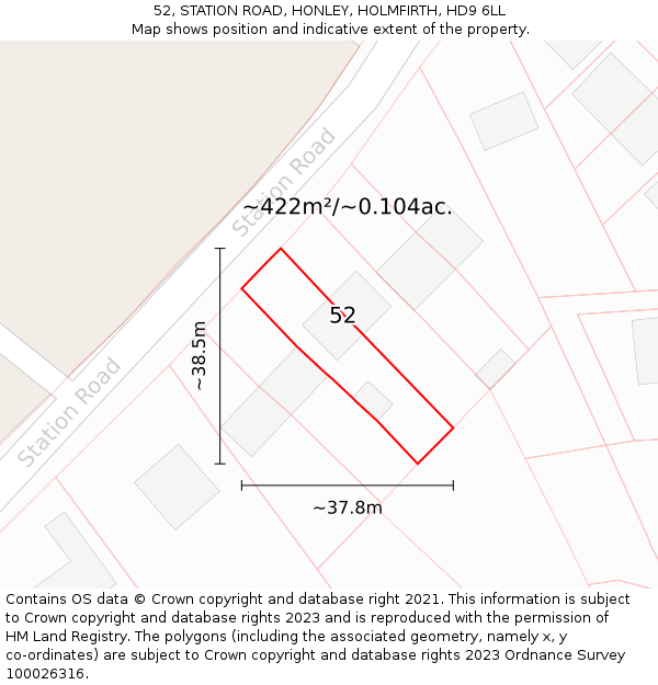 52, STATION ROAD, HONLEY, HOLMFIRTH, HD9 6LL: Plot and title map