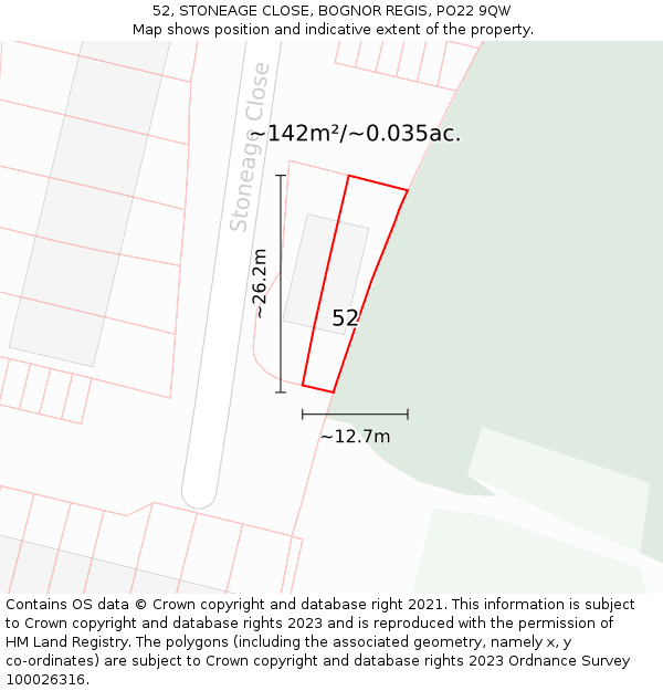52, STONEAGE CLOSE, BOGNOR REGIS, PO22 9QW: Plot and title map