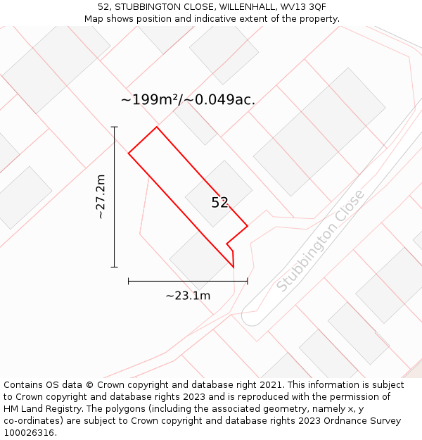 52, STUBBINGTON CLOSE, WILLENHALL, WV13 3QF: Plot and title map