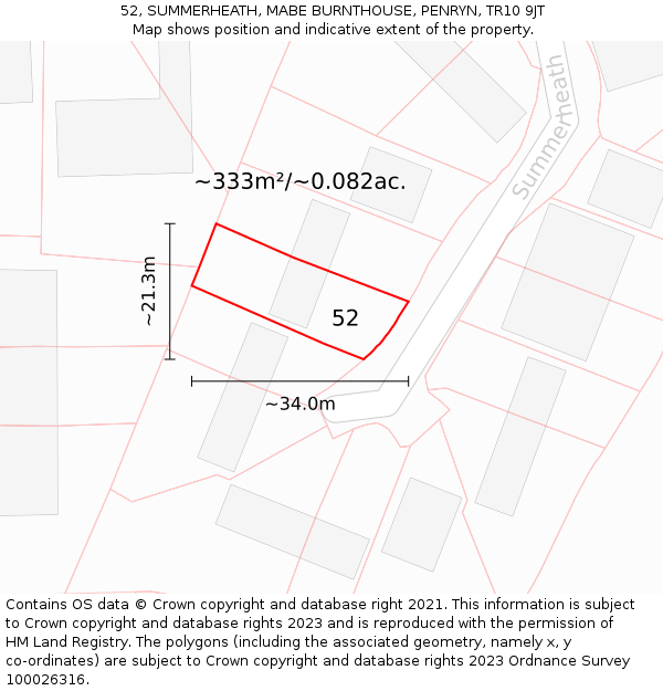 52, SUMMERHEATH, MABE BURNTHOUSE, PENRYN, TR10 9JT: Plot and title map