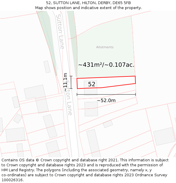 52, SUTTON LANE, HILTON, DERBY, DE65 5FB: Plot and title map