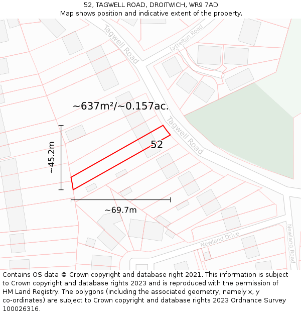 52, TAGWELL ROAD, DROITWICH, WR9 7AD: Plot and title map