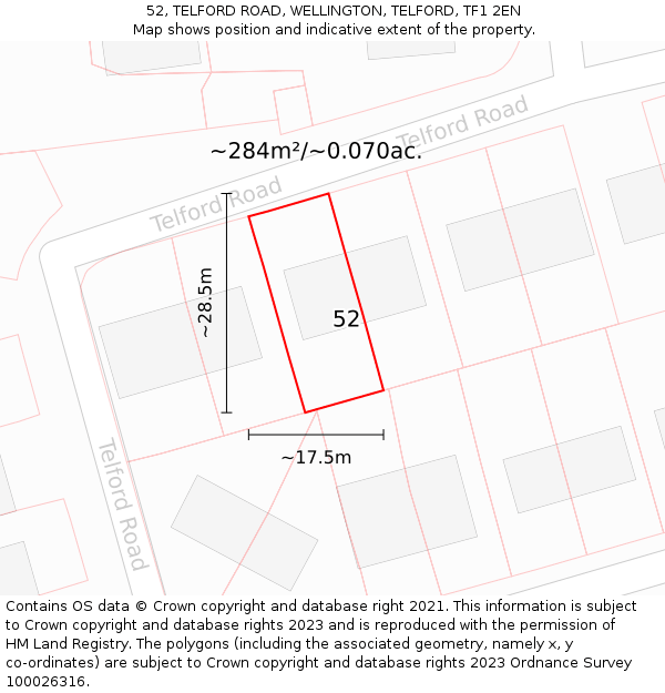 52, TELFORD ROAD, WELLINGTON, TELFORD, TF1 2EN: Plot and title map