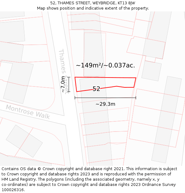 52, THAMES STREET, WEYBRIDGE, KT13 8JW: Plot and title map