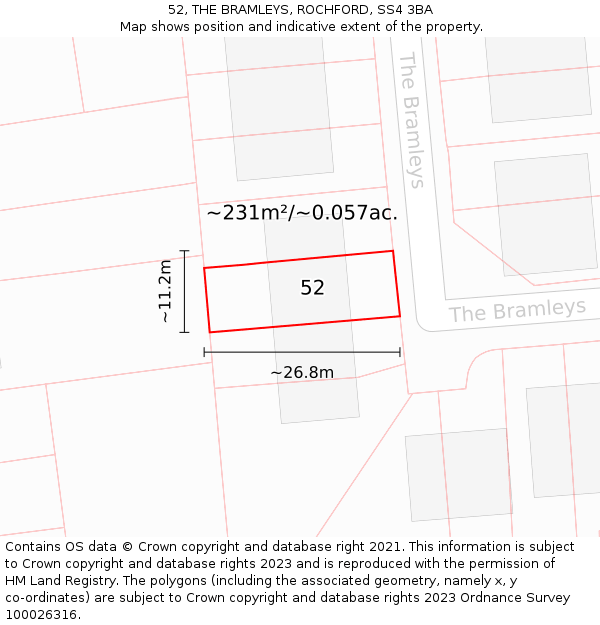 52, THE BRAMLEYS, ROCHFORD, SS4 3BA: Plot and title map