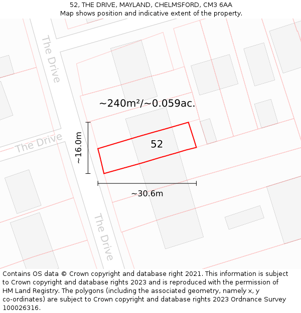 52, THE DRIVE, MAYLAND, CHELMSFORD, CM3 6AA: Plot and title map