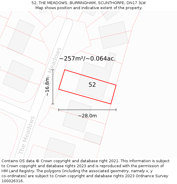 52, THE MEADOWS, BURRINGHAM, SCUNTHORPE, DN17 3LW: Plot and title map