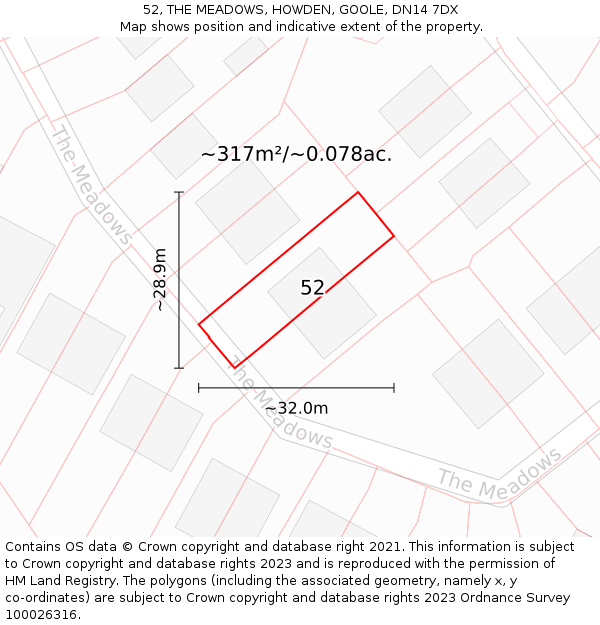 52, THE MEADOWS, HOWDEN, GOOLE, DN14 7DX: Plot and title map