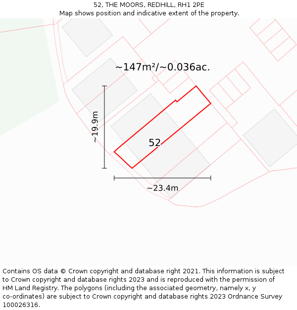 52, THE MOORS, REDHILL, RH1 2PE: Plot and title map