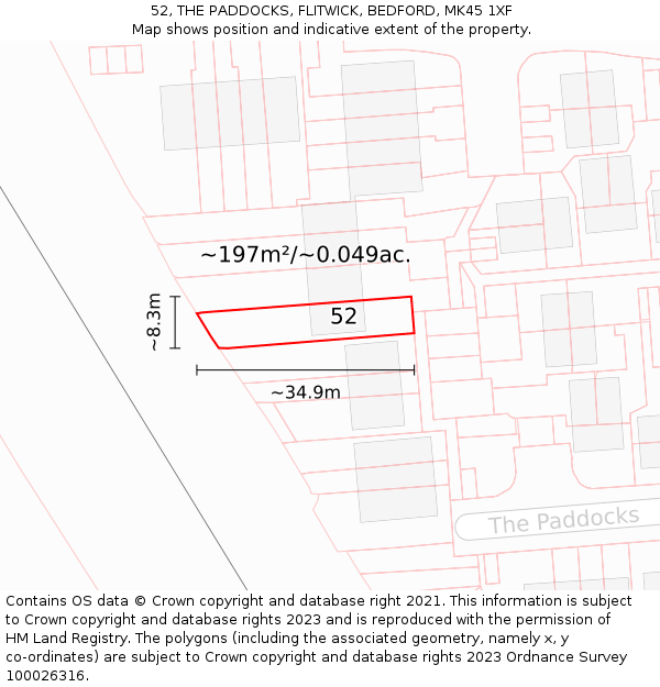 52, THE PADDOCKS, FLITWICK, BEDFORD, MK45 1XF: Plot and title map