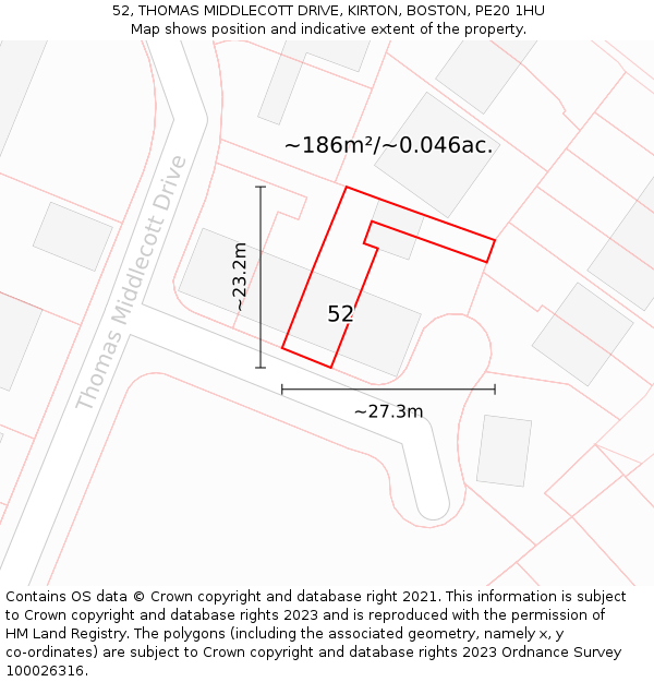 52, THOMAS MIDDLECOTT DRIVE, KIRTON, BOSTON, PE20 1HU: Plot and title map