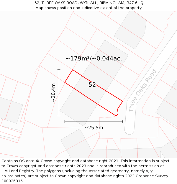 52, THREE OAKS ROAD, WYTHALL, BIRMINGHAM, B47 6HQ: Plot and title map