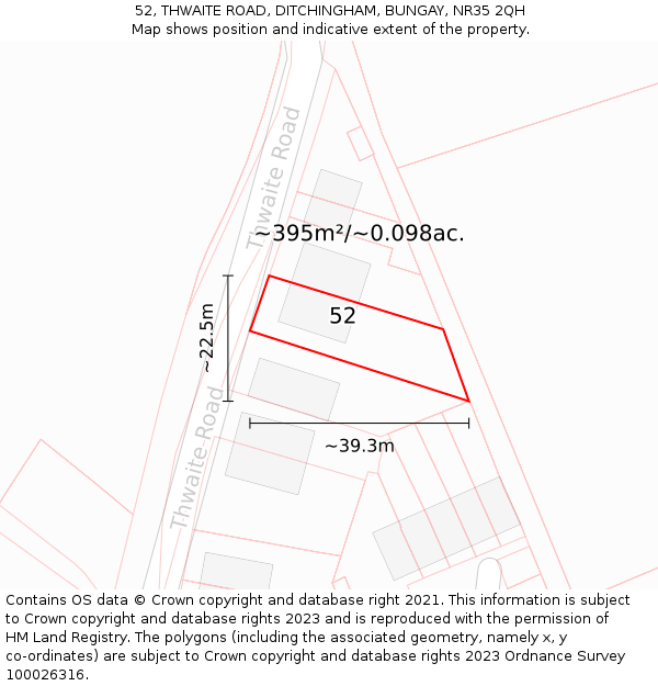 52, THWAITE ROAD, DITCHINGHAM, BUNGAY, NR35 2QH: Plot and title map