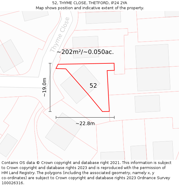 52, THYME CLOSE, THETFORD, IP24 2YA: Plot and title map