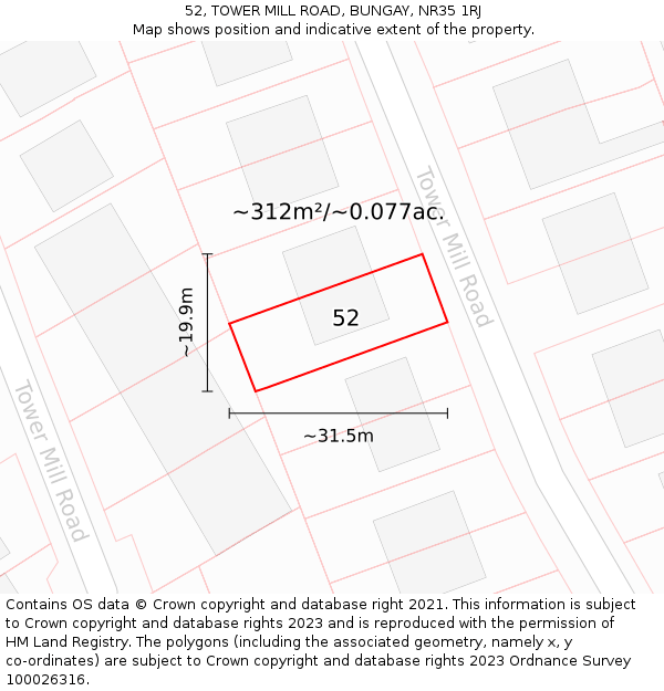 52, TOWER MILL ROAD, BUNGAY, NR35 1RJ: Plot and title map