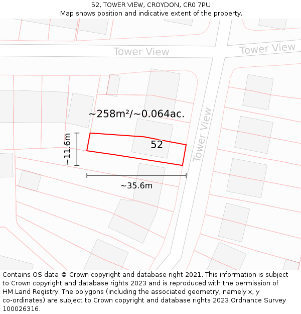 52, TOWER VIEW, CROYDON, CR0 7PU: Plot and title map