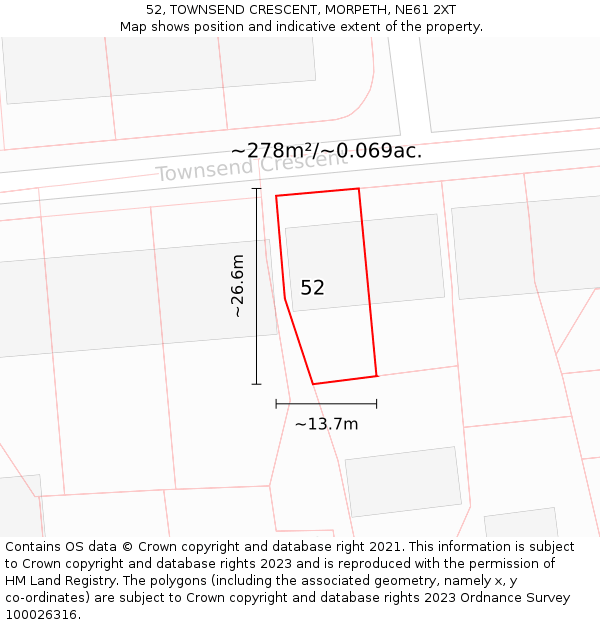 52, TOWNSEND CRESCENT, MORPETH, NE61 2XT: Plot and title map