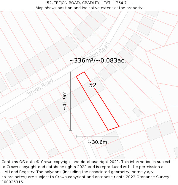 52, TREJON ROAD, CRADLEY HEATH, B64 7HL: Plot and title map
