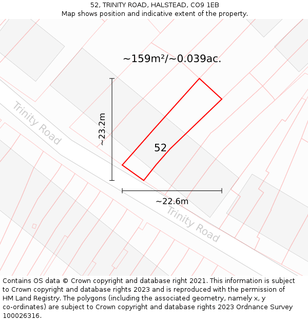 52, TRINITY ROAD, HALSTEAD, CO9 1EB: Plot and title map