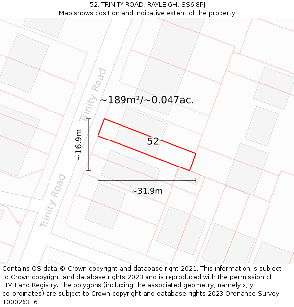 52, TRINITY ROAD, RAYLEIGH, SS6 8PJ: Plot and title map
