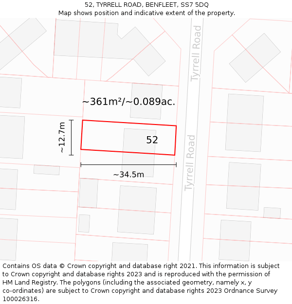 52, TYRRELL ROAD, BENFLEET, SS7 5DQ: Plot and title map