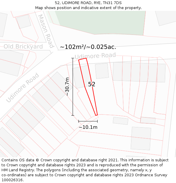 52, UDIMORE ROAD, RYE, TN31 7DS: Plot and title map